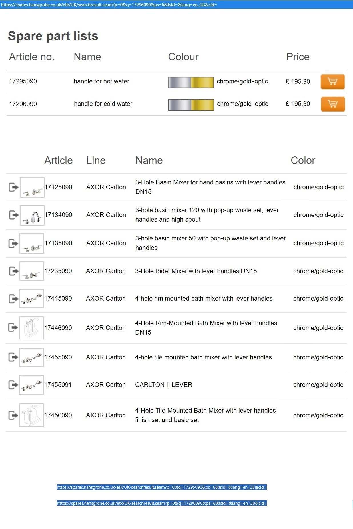Hansgrohe AXOR Carlton 17295090+17296090 Pairs of lever handle for "Axor Carlton" series's basin/bidet/bath faucets. Chrome/Gold-Optic