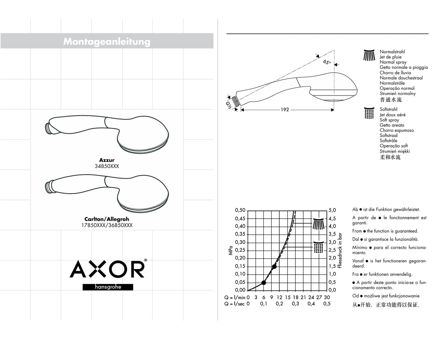 HANSGROHE 2Pcs of AXOR Azzur 34850520 2-jet handshower in Chrome/Topaz Finish