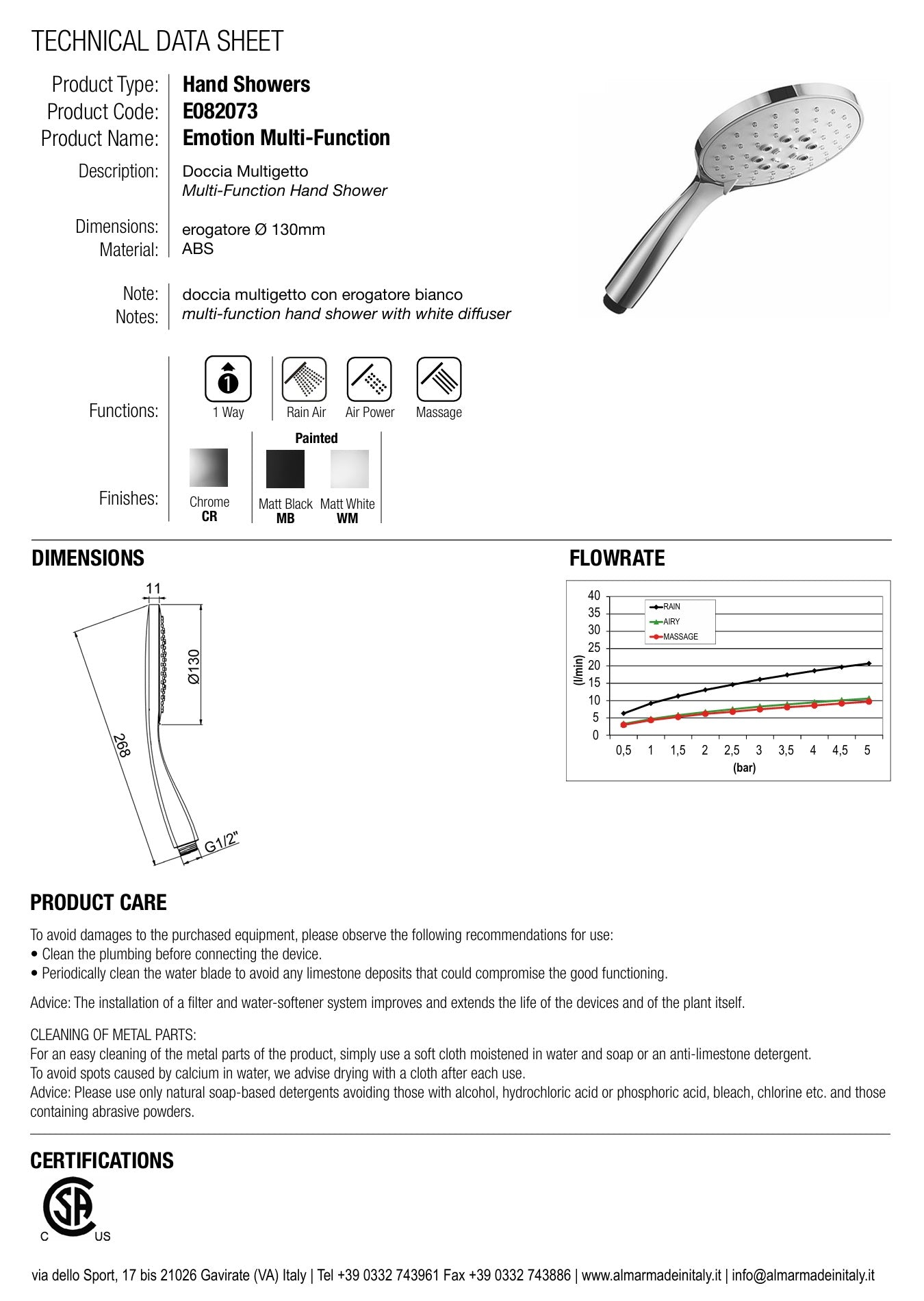 ALMAR Emotion E082073 Multi-function 3-way extra large handshower 130mm G 1/2"
