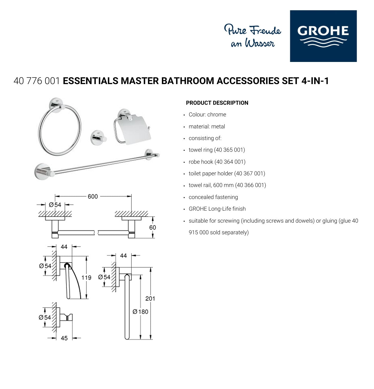 Grohe Essentials 40776001 Master bathroom accessories set 4-in-1
