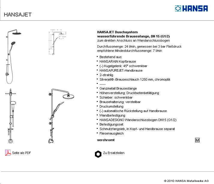 HANSAJET 51660100 Shower System for Direct Connection w/Rain Showerhead, Elbow, Handshower & S.Hose