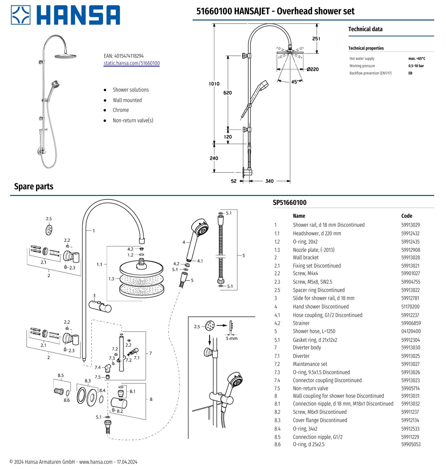 HANSAJET 51660100 Shower System for Direct Connection w/Rain Showerhead, Elbow, Handshower & S.Hose