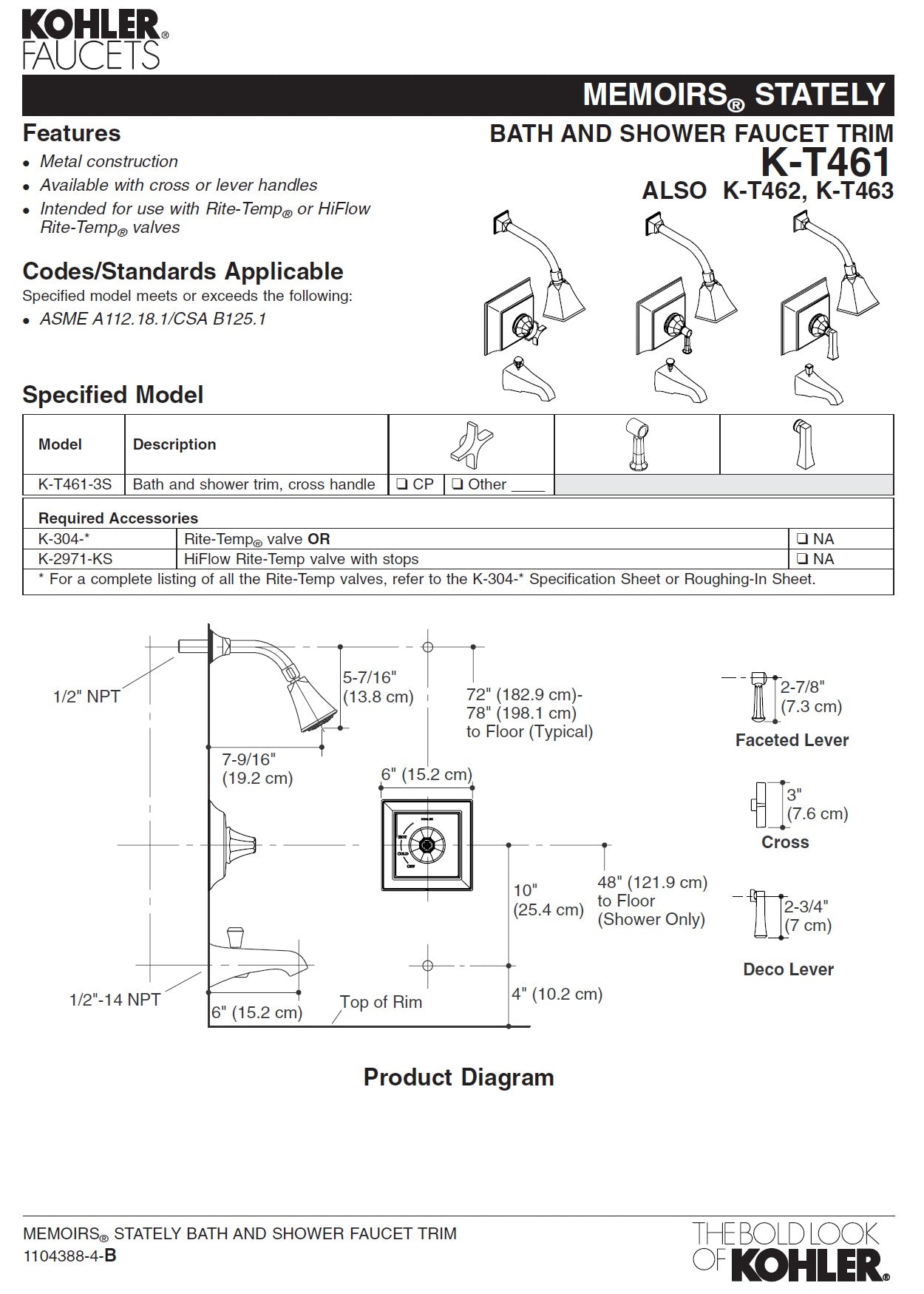 Kohler Memoirs K-T461-3S-BV pressure-balancing B/S faucet trim w/cross handle in Brushed Bronze Finish