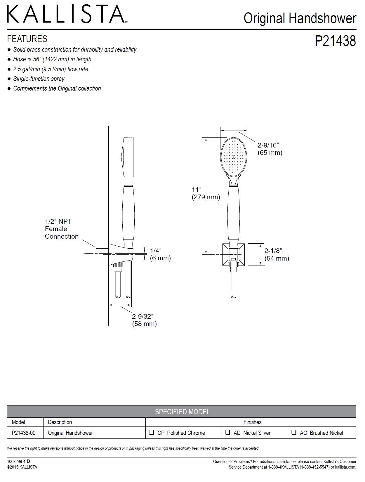 Kallista Barbara Barry P21438-00-CP handshower w/56" showerhose, bracket, supply elbow