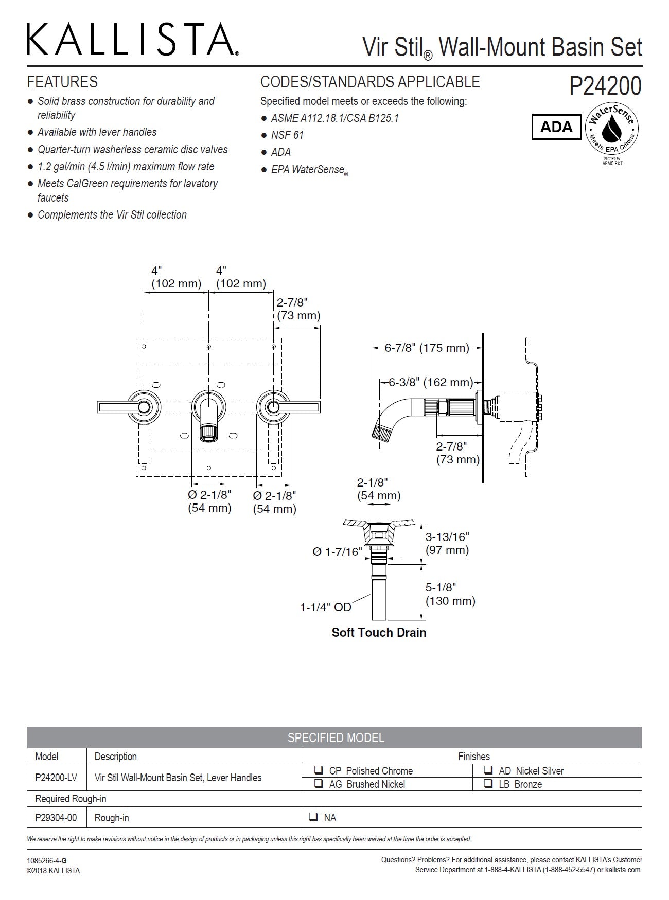 Kallista VIR STIL P24200-LV-AG Lever Handles Sink Faucet w/Soft Touch Drain