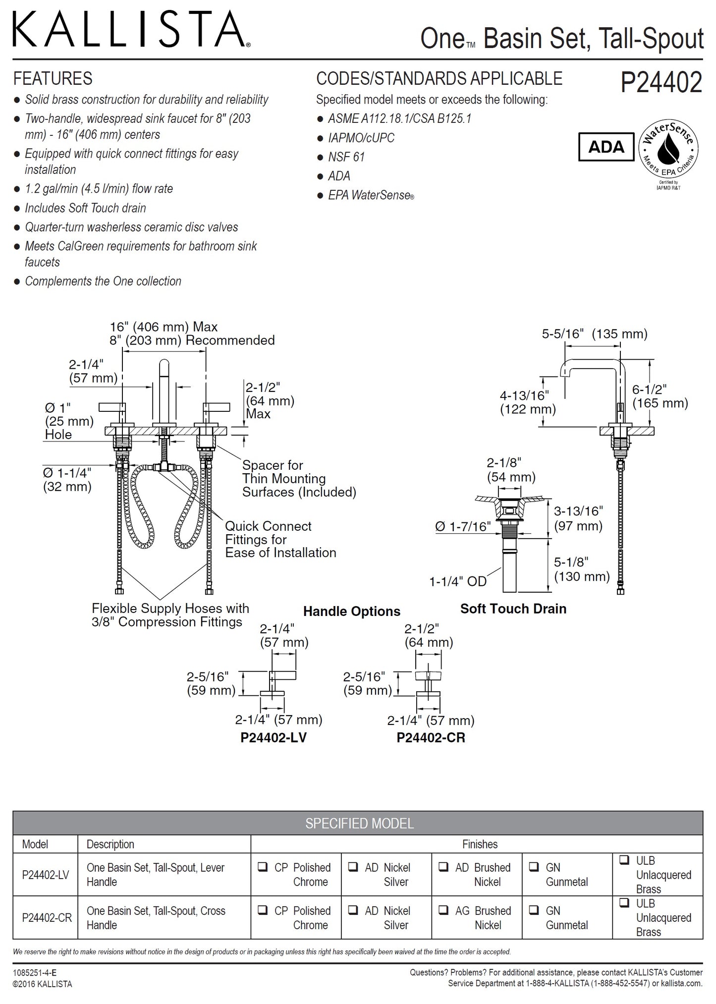 Kallista "ONE" P24402-CR-CP Tall Spout Cross Handles Basin Faucet Set w/Drain