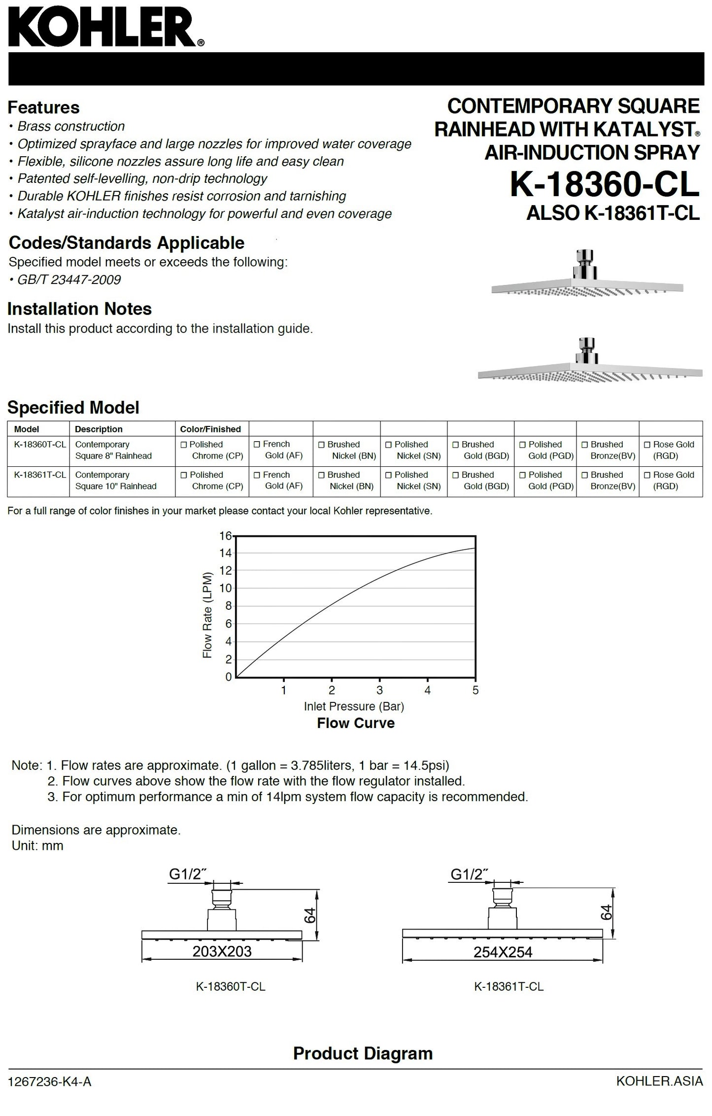 Kohler Katalyst® Air K-18360T-BN Contemporary Square 8" Rain Showerhead in Brushed Nickel Finish