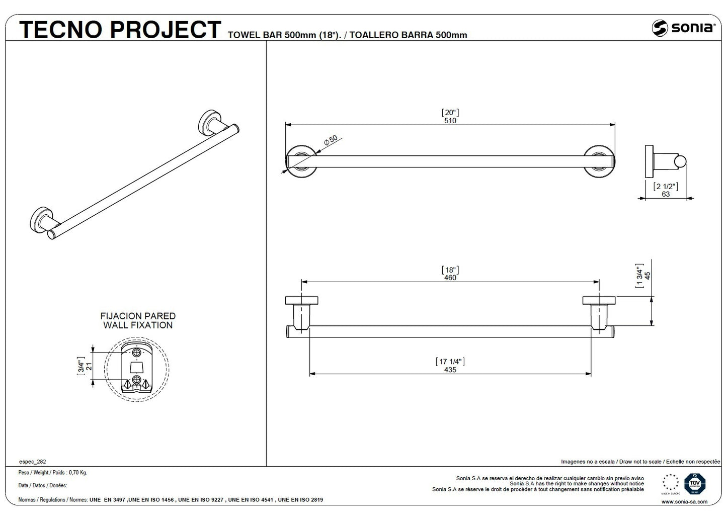 Sonia "TECNO PROJECT" 116805 Towel Rail 18" w/wall fixation set