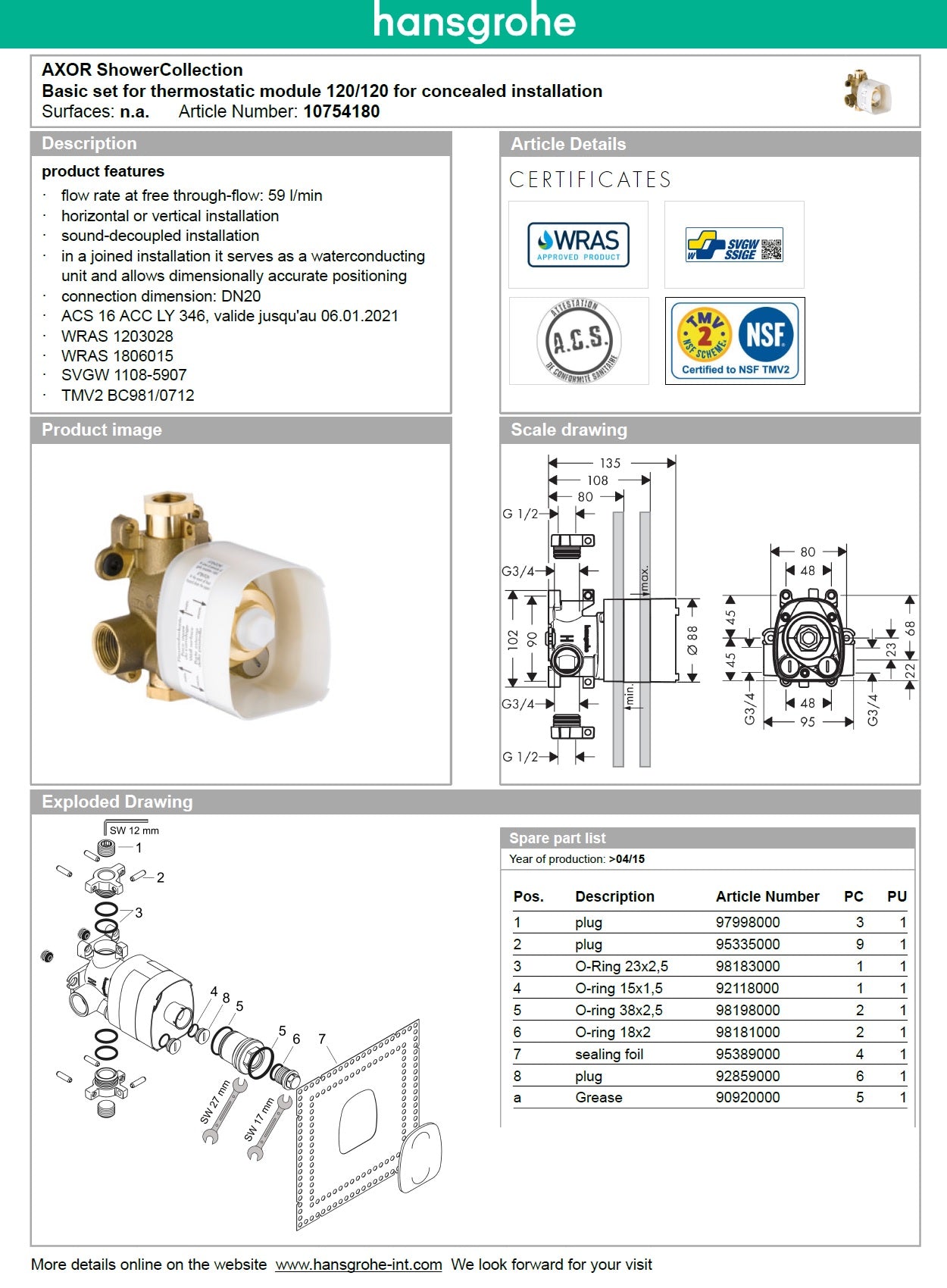 Hansgrohe AXOR Starck 10754180 ShowerSolutions Thermostatic Module BasicSet DN20