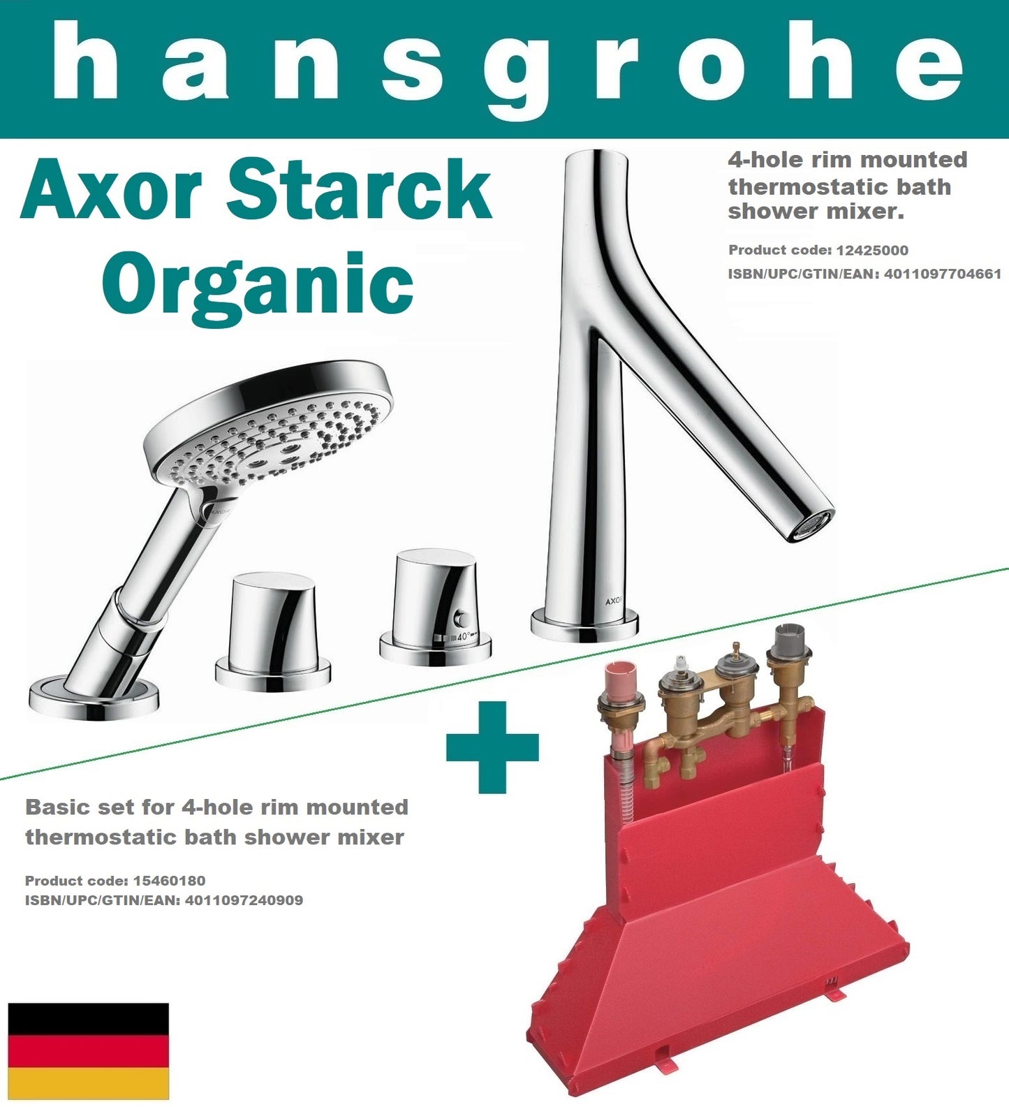 Hansgrohe Axor Starck Organic 12425000 4-Hole Thermostatic Bath Mixer w/15460180 Basic Set