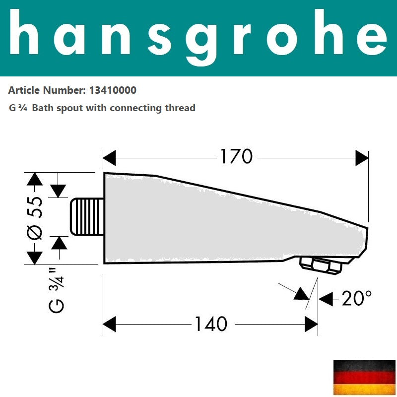 Hansgrohe 13410000 Bath Spout ¾" 170mm DN20 w/Connecting Thread