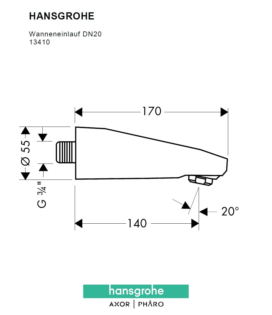 Hansgrohe 13410000 Bath Spout ¾" 170mm DN20 w/Connecting Thread