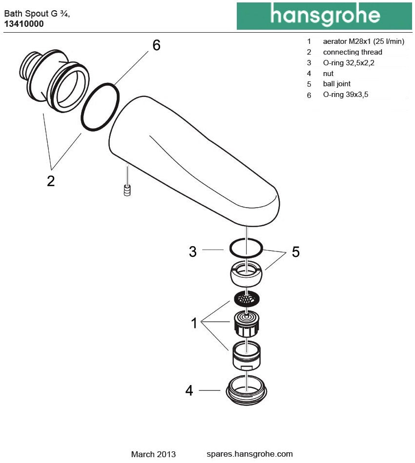 Hansgrohe 13410000 Bath Spout ¾" 170mm DN20 w/Connecting Thread