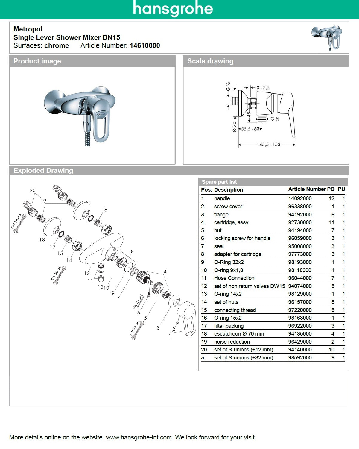 Hansgrohe "Metropol II" 14610090 W.M single lever shower mixer