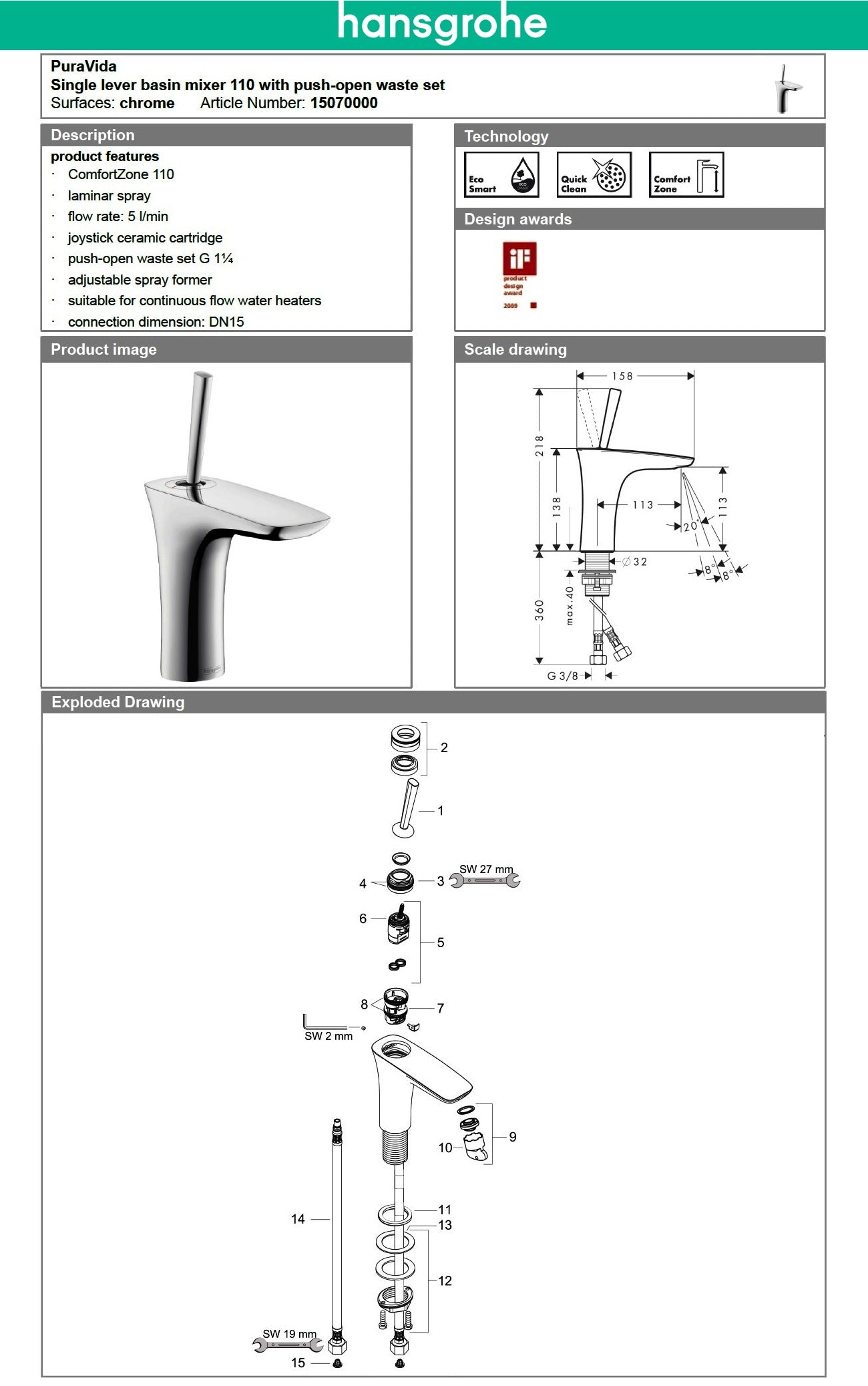 Hansgrohe PuraVida 15070000 single lever basin mixer 110 w/push-open waste set