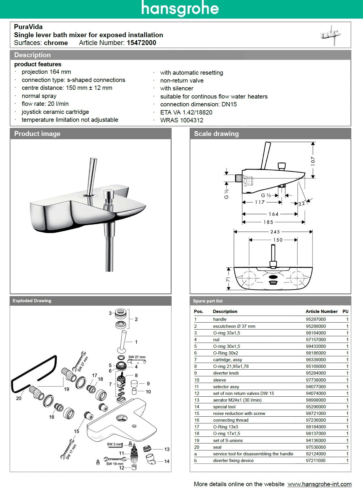 Hansgrohe PuraVida 15472000 single lever bath mixer for exposed installation