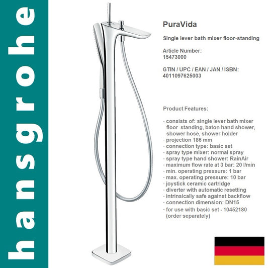 Hansgrohe PuraVida 15473000 floorstanding B/S mixer w/handshower & s.hose