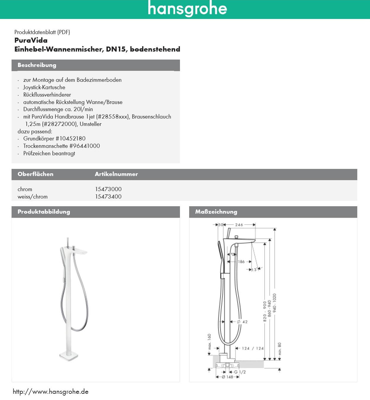 Hansgrohe PuraVida 15473000 floorstanding B/S mixer w/handshower & s.hose