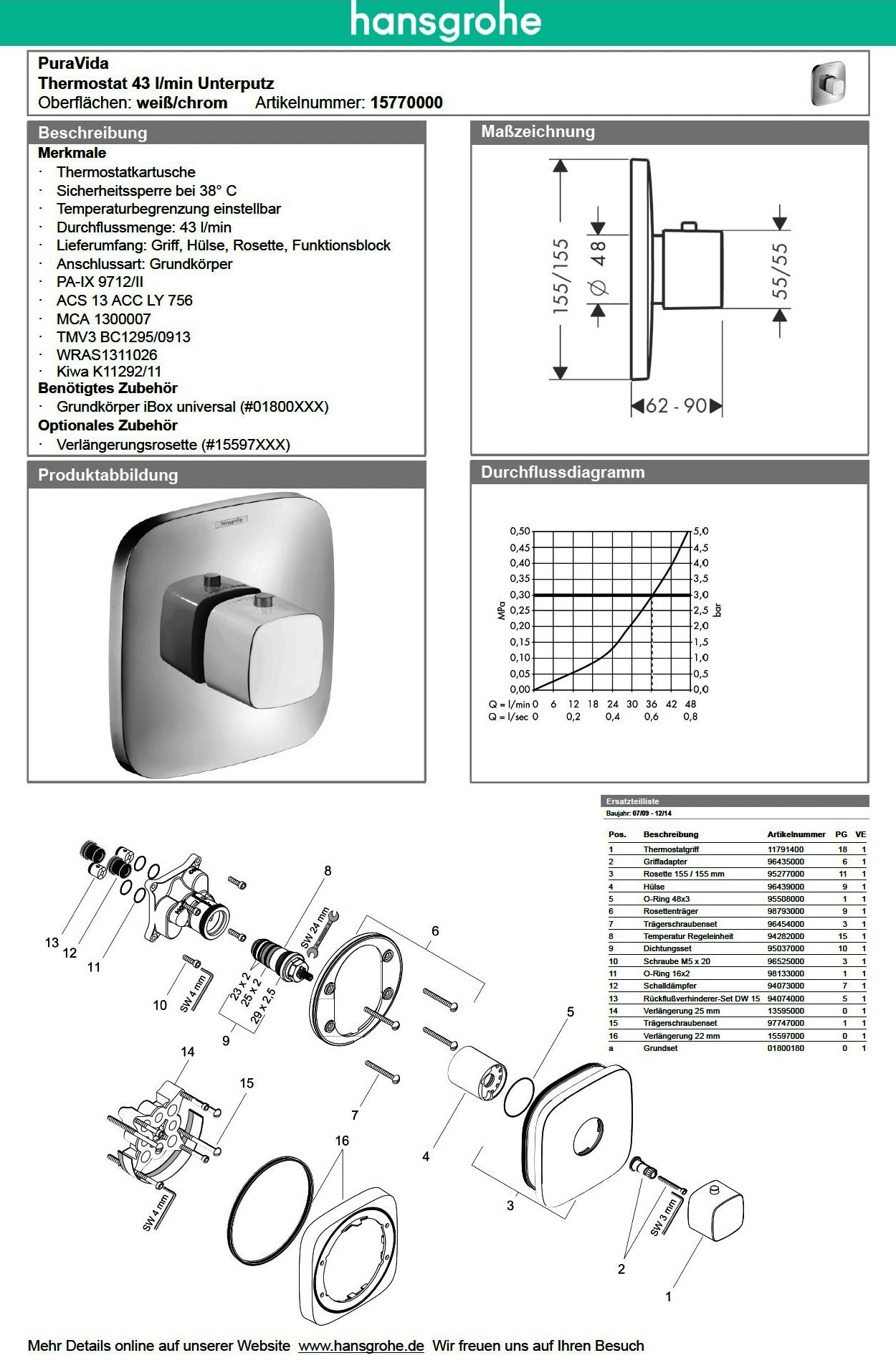 Hansgrohe PuraVida 15770000 Thermostatic Mixer for Concealed Installation