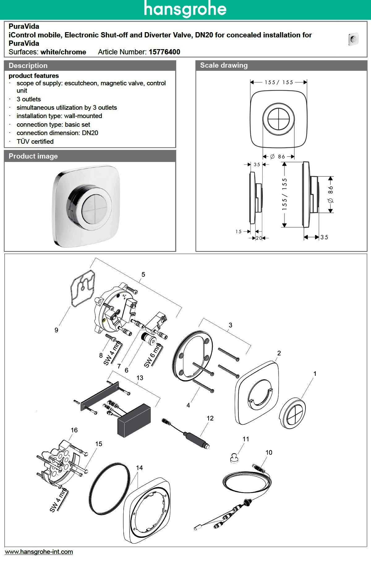 Hansgrohe PuraVida 15776000 iControl Mobile Electronic Shut-off & Diverter Valve DN20