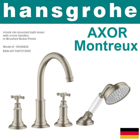 Hansgrohe Axor Montreux 16546820 4-hole rim mounted bath mixer w/cross handles in Brushed Nickel Finish