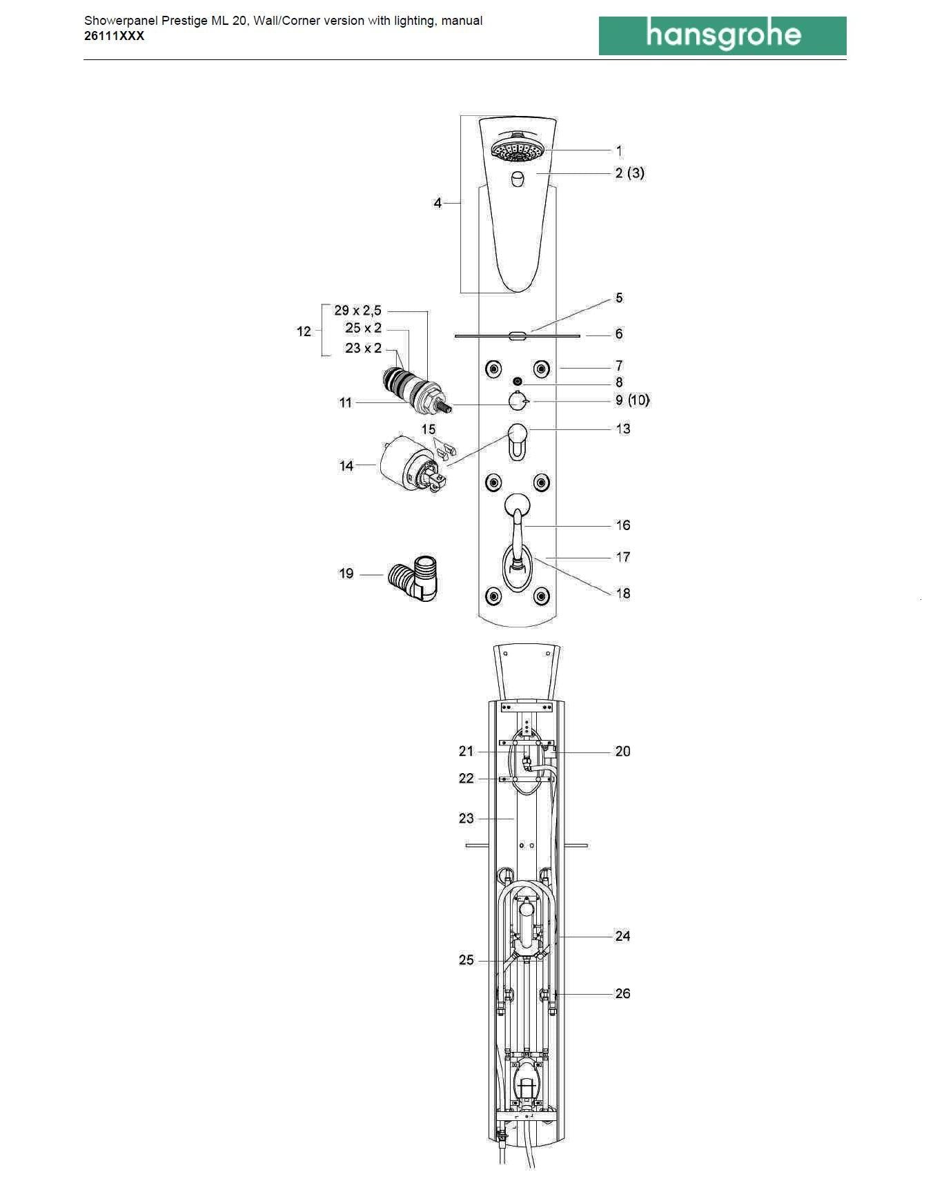 Hansgrohe  "Pharo prestige ML20" 26111000 wall/corner version shower panel w/lighting