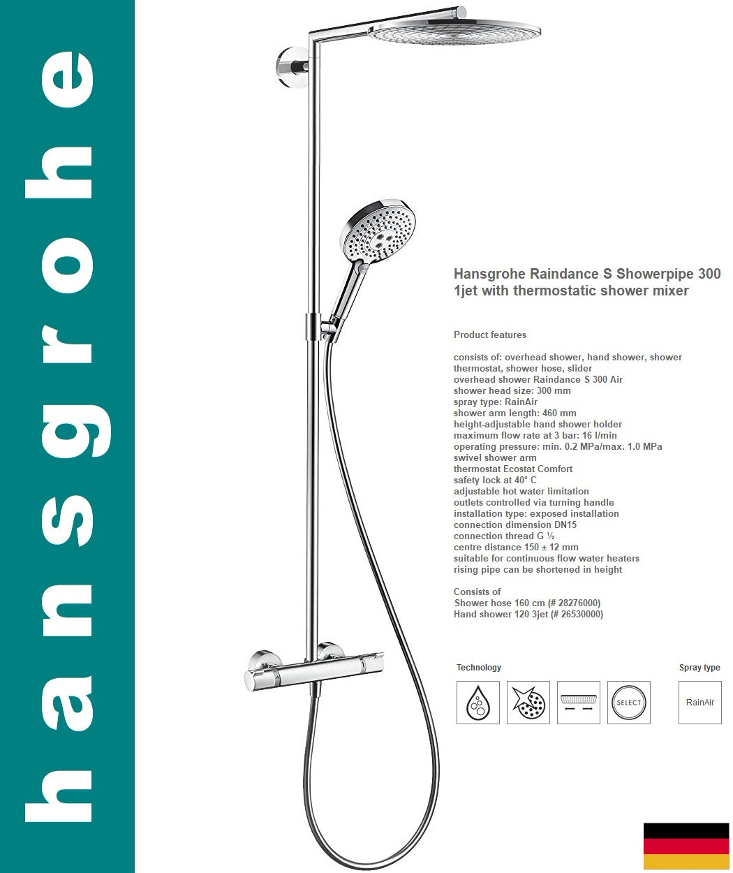 Hansgrohe 27114000 Raindance S 300 Air Showerpipe w/Thermostat mixer & handshower, shower hose 1600mm. in Chrome Finish