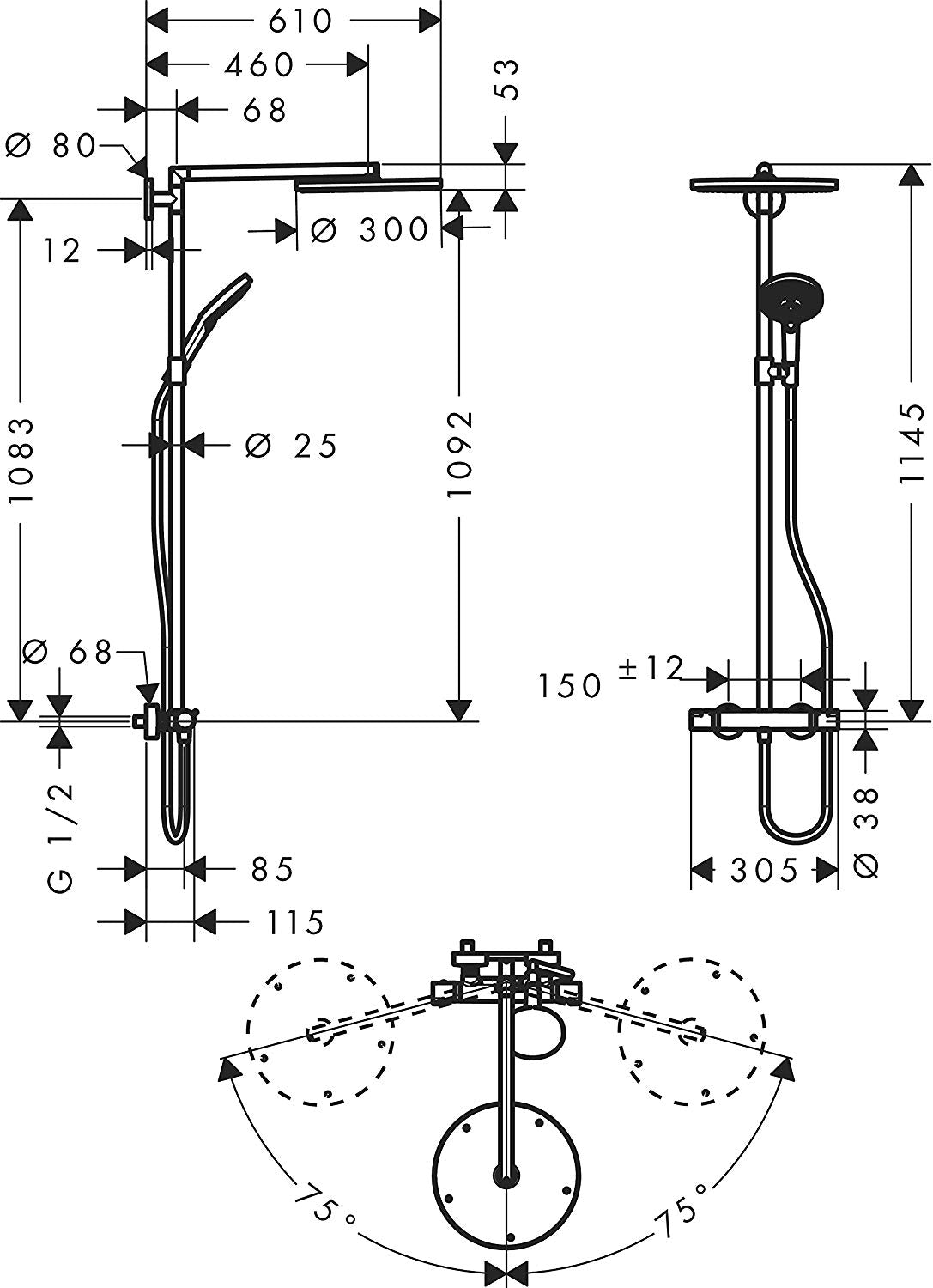 Hansgrohe 27114000 Raindance S 300 Air Showerpipe w/Thermostat mixer & handshower, shower hose 1600mm. in Chrome Finish