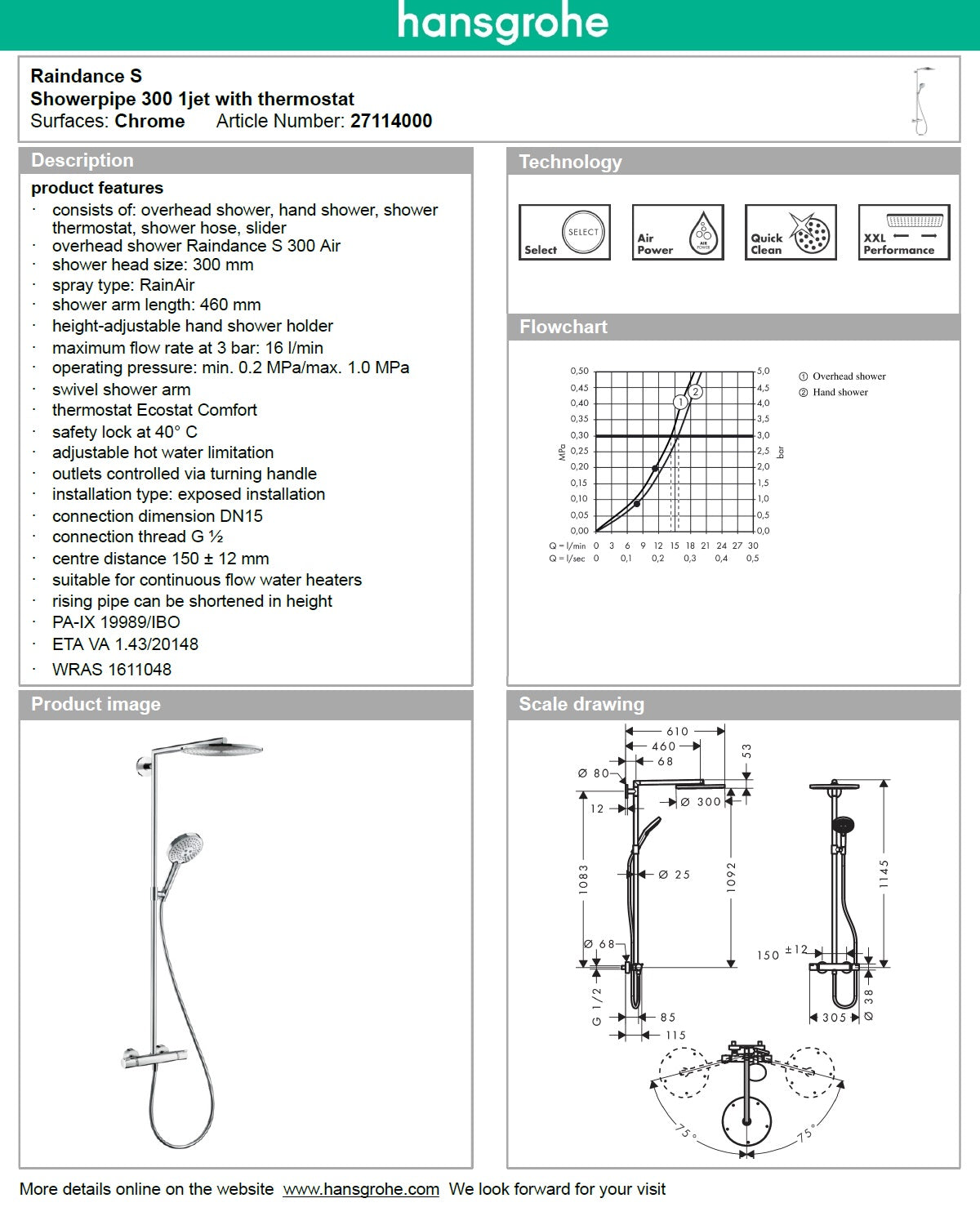 Hansgrohe 27114000 Raindance S 300 Air Showerpipe w/Thermostat mixer & handshower, shower hose 1600mm. in Chrome Finish