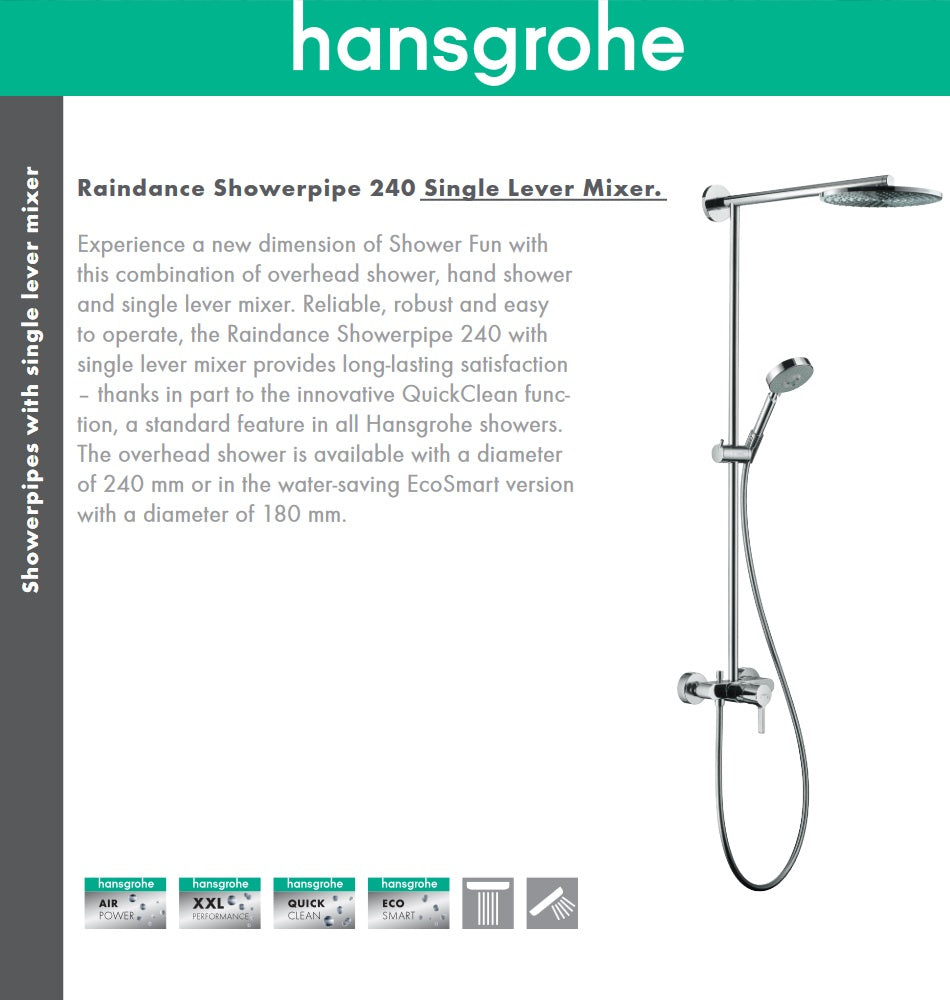 Hansgrohe Ecosmart Raindance S Shower Pipe 27191000 w/S100 AIR 3-jet Handshower. in Chrome Finish