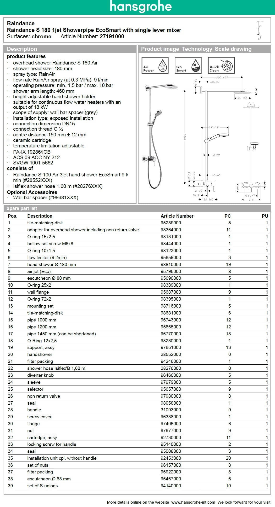 Hansgrohe Ecosmart Raindance S Shower Pipe 27191000 w/S100 AIR 3-jet Handshower. in Chrome Finish