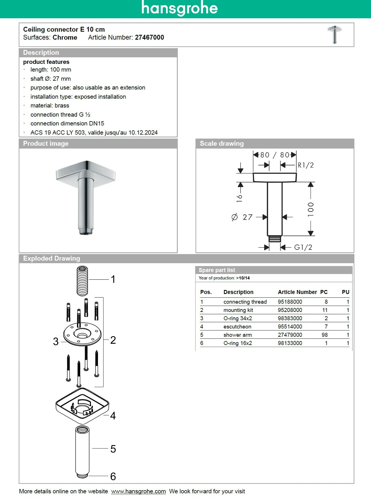 Hansgrohe 27467000 Ceiling Connector E 100mm w/Escutcheon G½