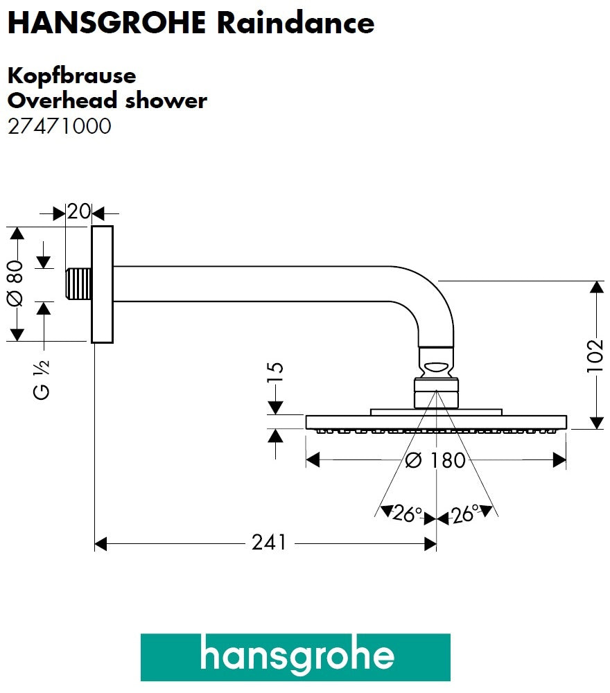 Hansgrohe Raindance 27471000 Overhead Completed Shower Set w/Shower Arm DN15