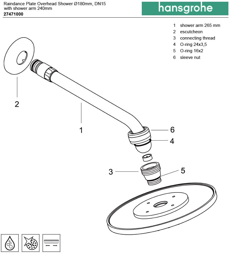 Hansgrohe Raindance 27471000 Overhead Completed Shower Set w/Shower Arm DN15