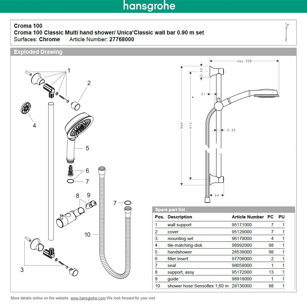 HANSGROHE 27768000 Croma 100 Multi Handshower/Unica'Classic Set 0.9m