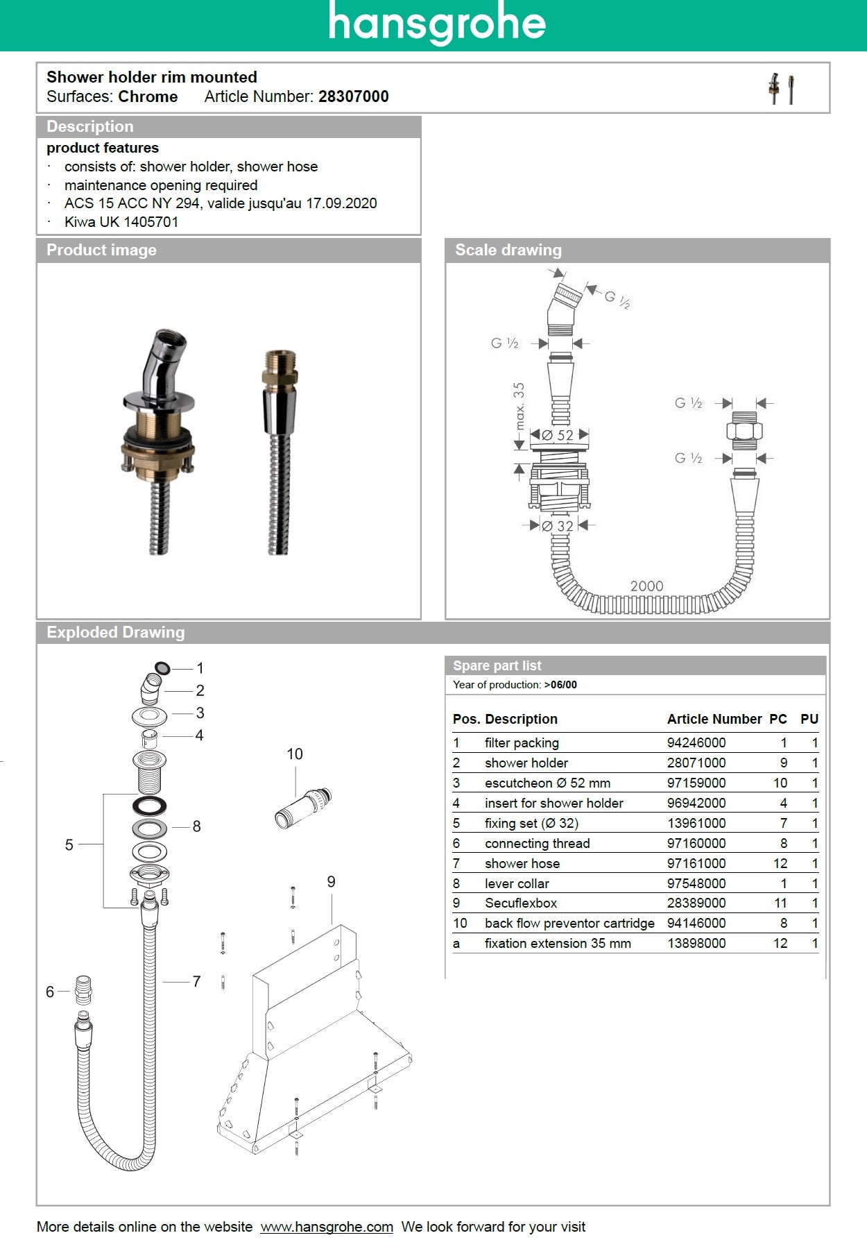 Hansgrohe 28307000 Rim-mounted Shower Holder w/Hose Guide & 2M Hose