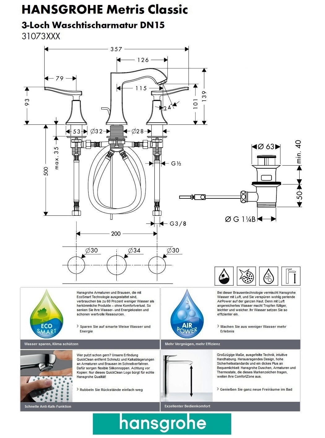 Hansgrohe Metris Classic 31073000 Eco Smart 3-Hole Basin Mixer w/Pop-u ...