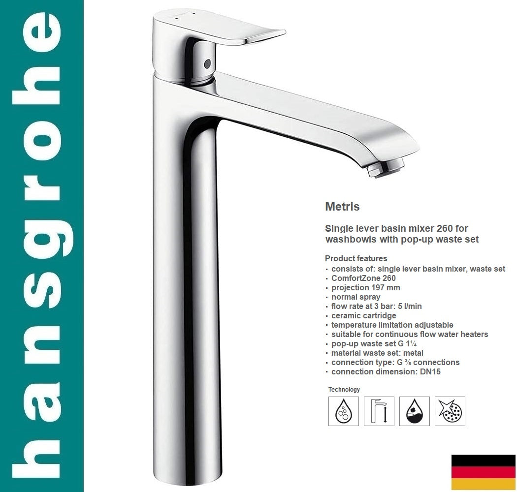 Hansgrohe Metris 31082000 Single lever basin mixer 260 for wash bowls w/pop-up waste set