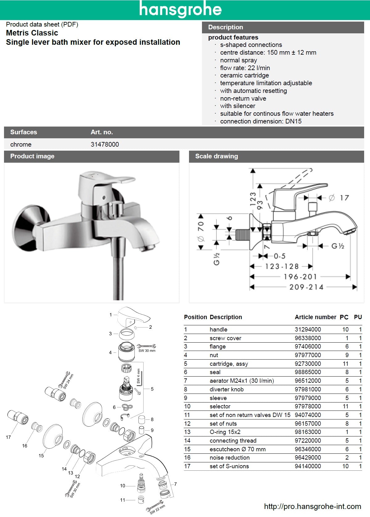 Hansgrohe Metris Classic 31478000 Single Lever Bath & Shower Mixer