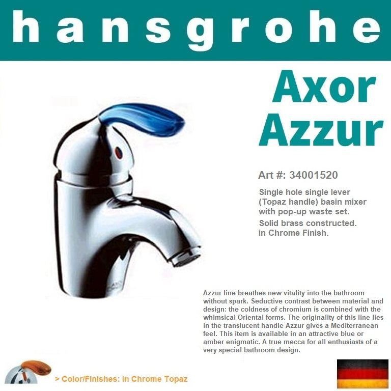 Hansgrohe Axor Azzur 34001520 Single Lever Basin Mixer w/Pop-up Waste. in Chrome Finish w/Topaz Handle