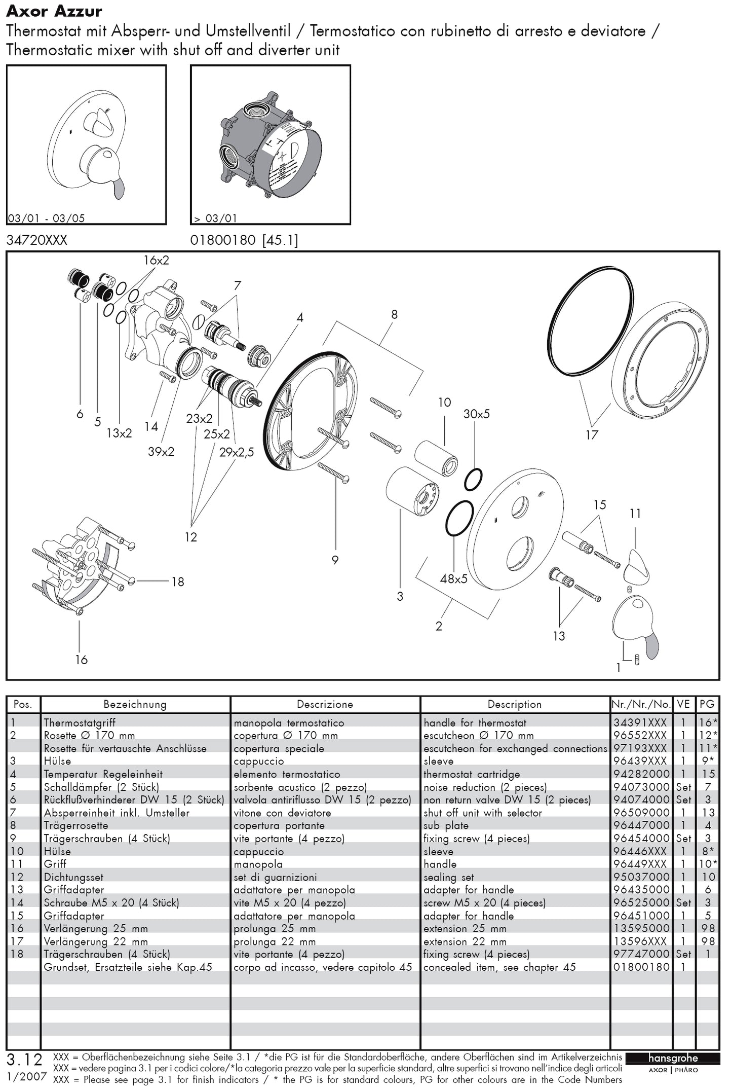 Hansgrohe Axor Azzur 34720520 Thermostatic Mixer w/Diverter & Shut-off Valve in Chrome Finish w/Topaz Handle