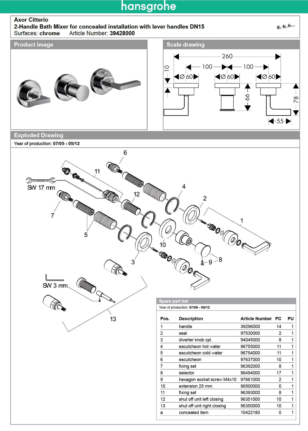 Hansgrohe Axor Citterio 39428000 B/S Mixer w/Concealed Valve = Completed Set