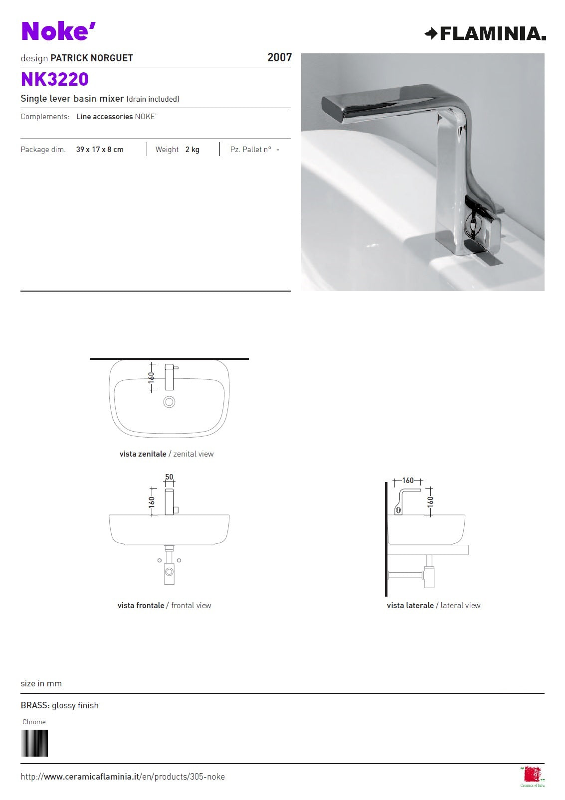 Flaminia "Noke" NK3220 single lever basin mixer w/pop-up waste