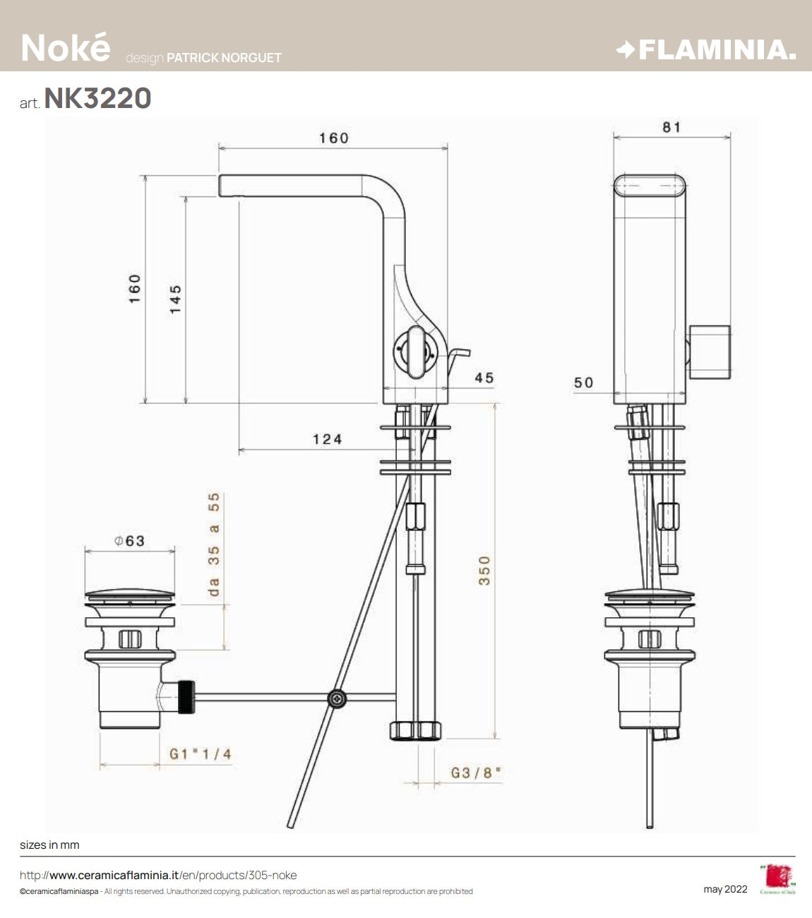 Flaminia "Noke" NK3220 single lever basin mixer w/pop-up waste