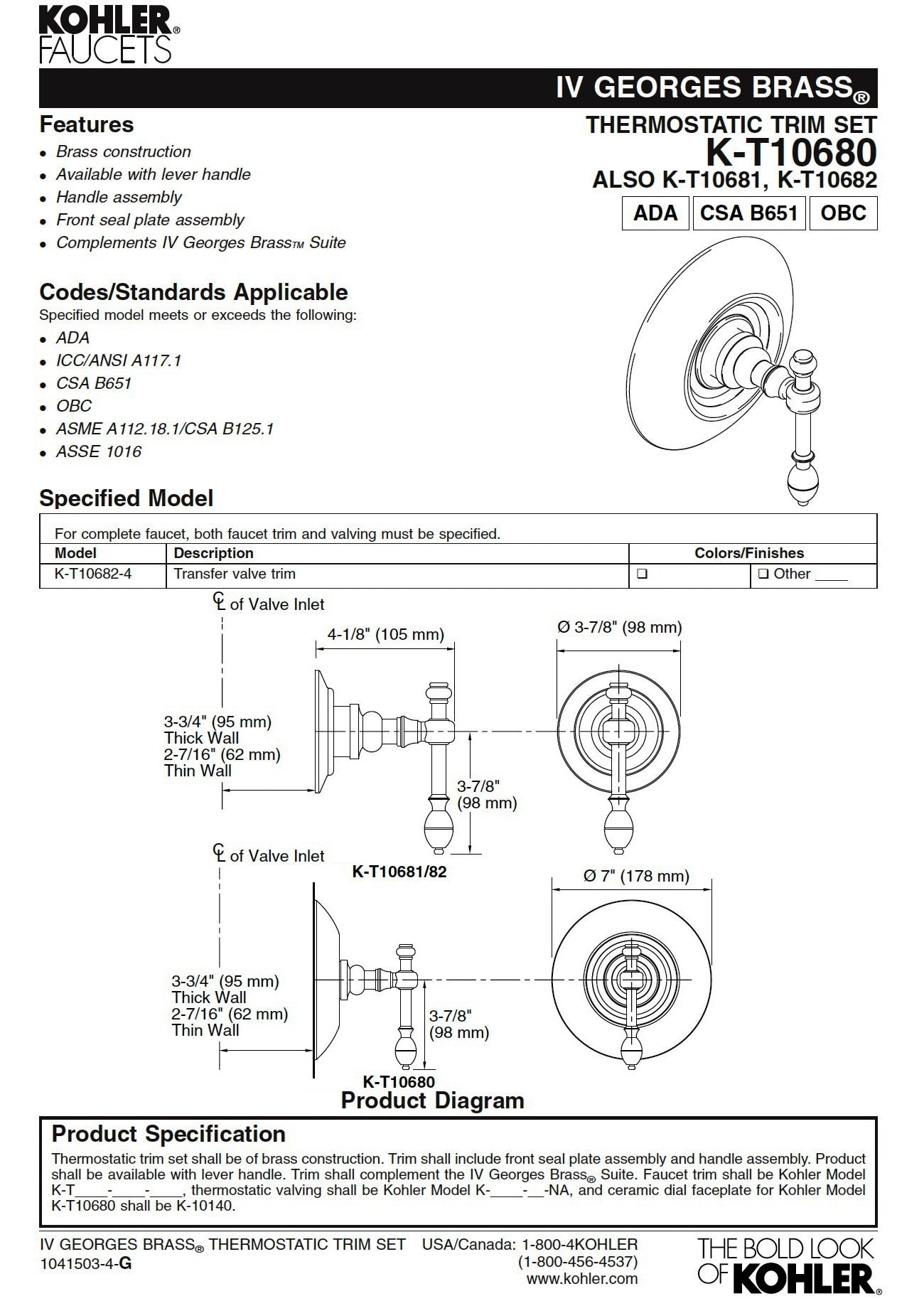 Kohler IV Georges Brass K-T10682-4-SN Transfer Valve Trim with Lever Handle in Vibrant Polished Nickel