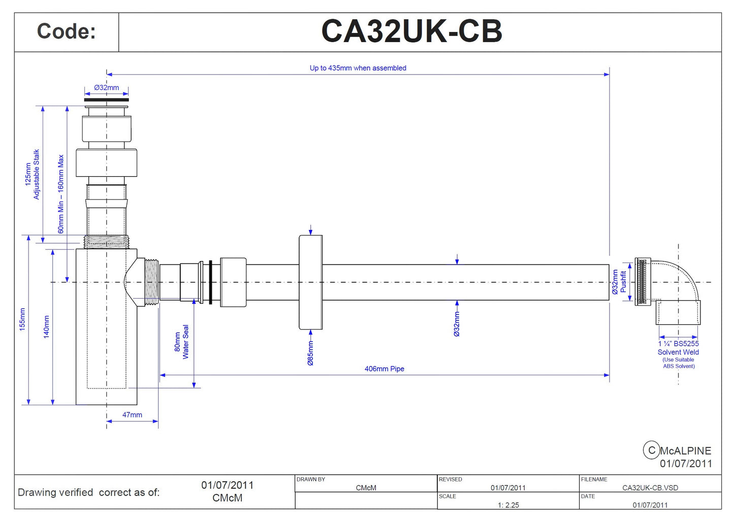 McAlpine CA32UK-CB CP 1¼" x 75mm Brass Basin Kit w/Cylindrical Bottle Trap