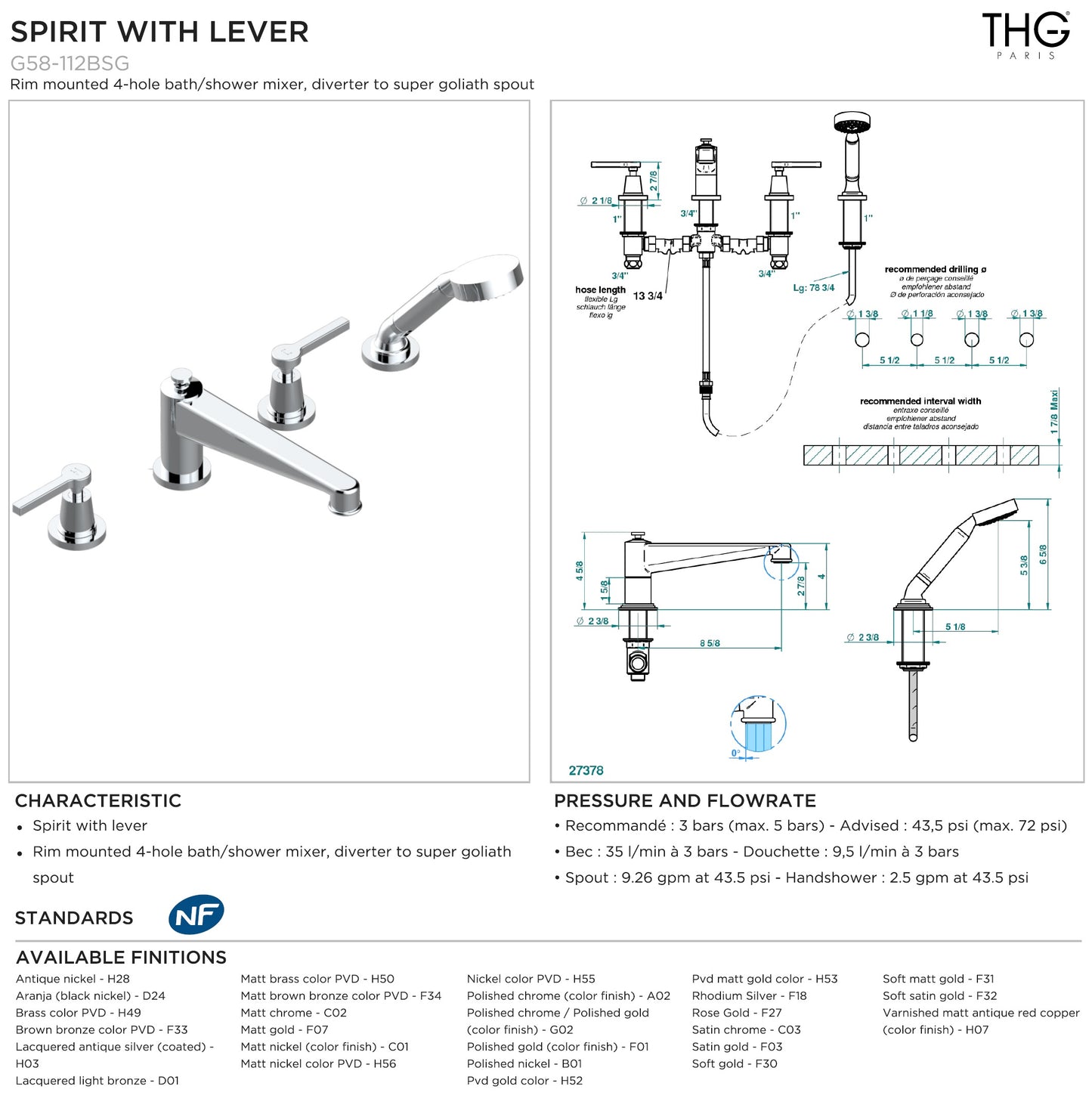 THG G58-A02-00112BSG Spirit A Manettes rim-mounted 4-hole bath & shower mixer. in Chrome Finish