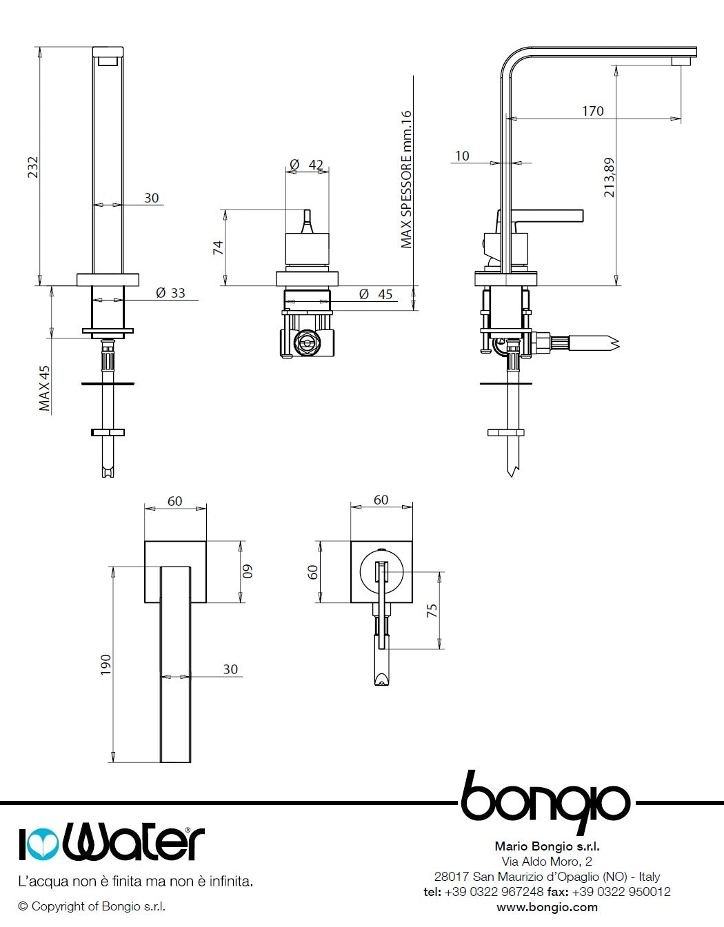 Bongio Myamyx 46580CR00 2-holes kitchen sink mixer w/swivel spout & 600mm WRAS cert hose