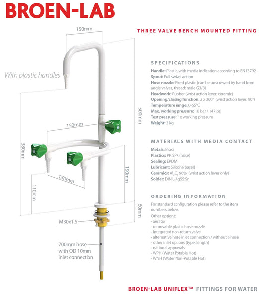 Broen-Lab 25330948201-52B 3-Valves Bench Mounted Fitting WPC w/Uniflex hose 1/2"