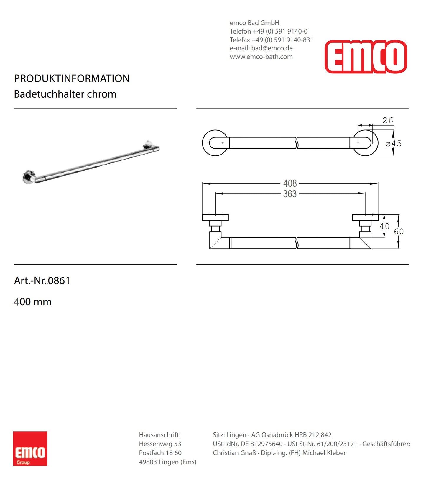 EMCO "Eposa" S0861-ISO Bath Towel Holder 400mm w/Decor Set